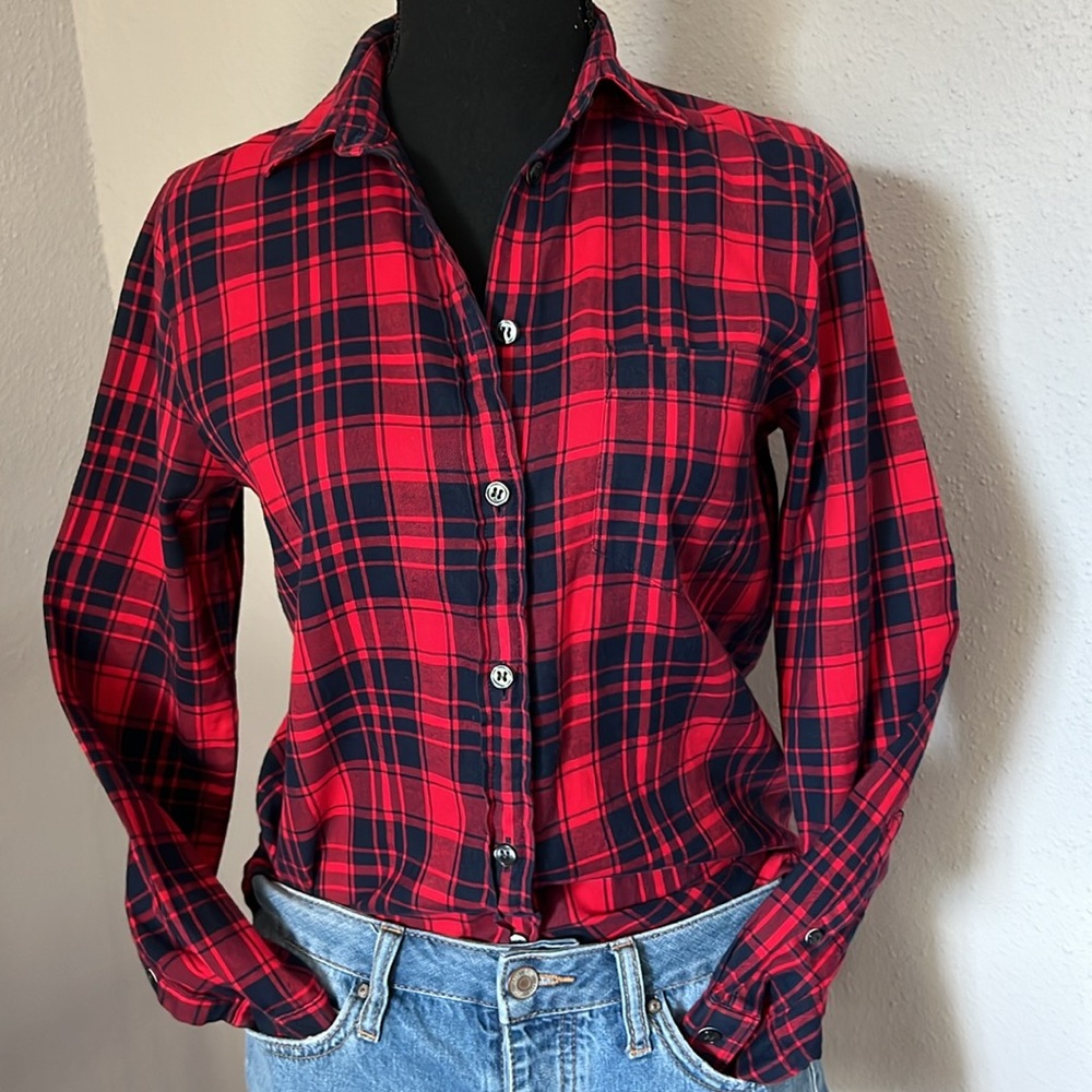 J.Crew Shirt Women’s XXS Black Red Plaid Button Up Front Long Sleeve Top women